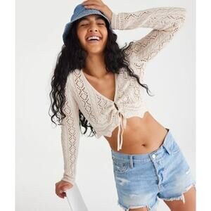 ‼️3/$30‼️ Aero Pointelle Knit Crop Top Sweater Small Cream Keyhole Tie Front